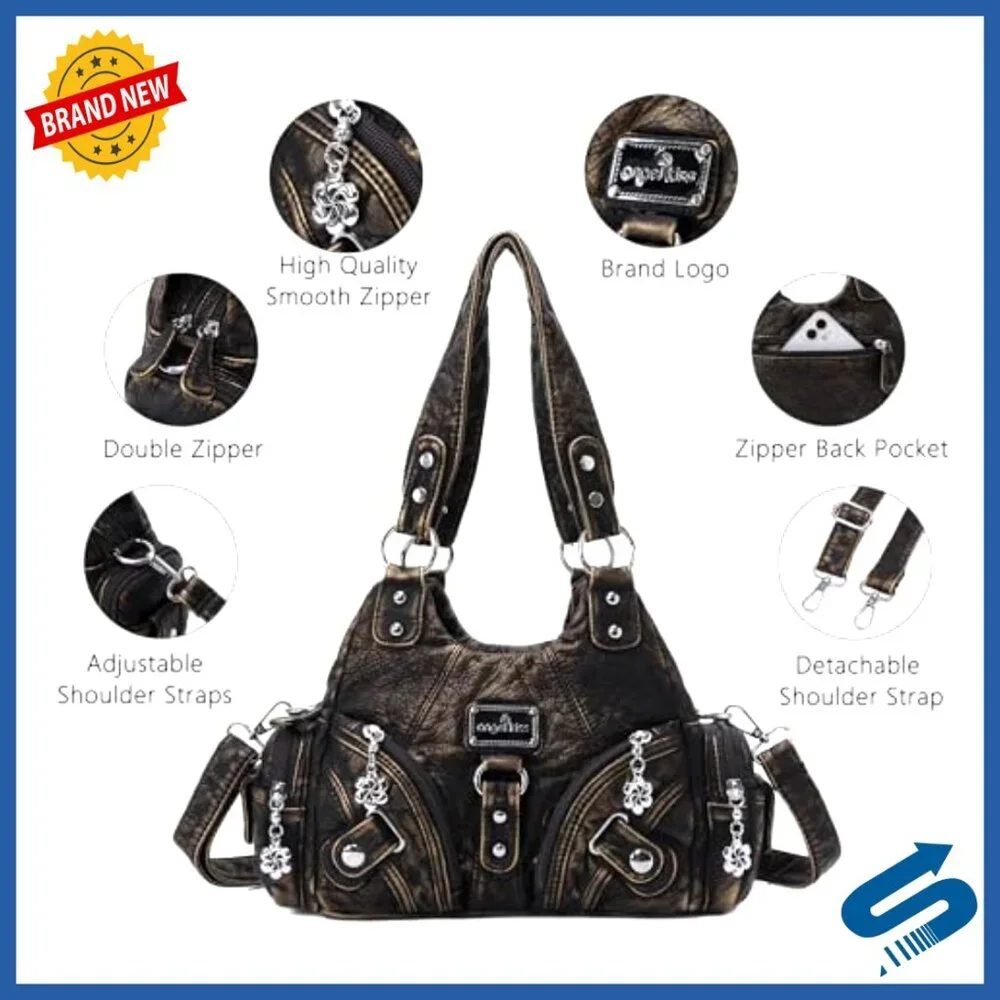 Small Vegan Leather Hobo Tote Bag with Multi-Pocket Design and Adjustable Strap